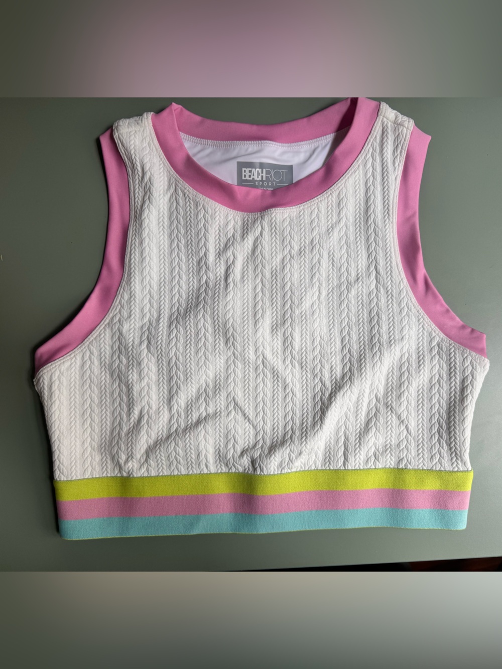 NWOT Beach Riot White Cable Knit Tank with Pink Trim and Colorful Stripe Hem